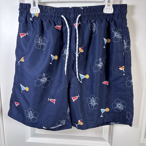 SHEIN Men's Blue with Coctail Print Drawstring Waist Swim Shorts, Size Large - Picture 1 of 7